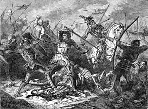 Image shows a painting of the Battle of Agincourt.