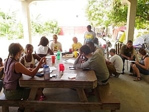 Image shows a group of students engaged in a study session, seated around picnic tables.