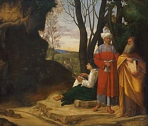 Image shows a painting of three philosophers - one young, one middle-aged and one old - by Giorgione.
