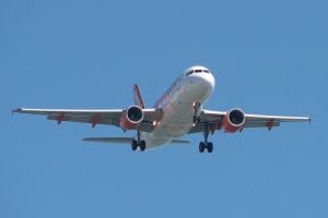 Image shows an EasyJet plane in flight. 