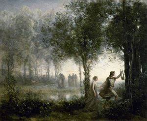 Image is of the painting 'Orpheus leading Eurydice from the Underworld' by Jean-Baptist-Camille Corot.