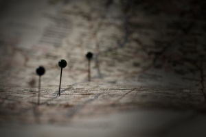 Image shows a series of pins stuck into a roadmap, marking out the plan of a journey.