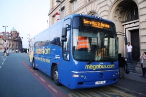 Image shows a Megabus coach.