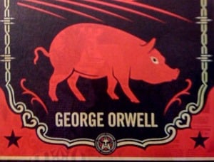 Image shows a detail from the Canadian cover of Animal Farm.