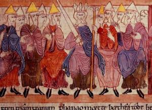 Image shows a scene from an Anglo-Saxon manuscript.