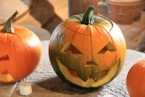 Image shows a pumpkin carved for Hallowe'en.