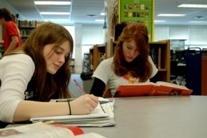 Image shows two students studying in the library together.