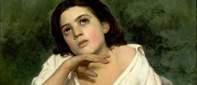 Image shows part of the painting 'Girl With Book' by Jose Ferraz de Almeida Júnior. She is resting her head on her hand and looking up slightly, in thought.