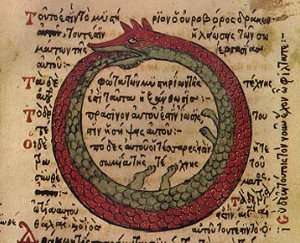 Image shows a snake eating its own tail, from a medieval manuscript.