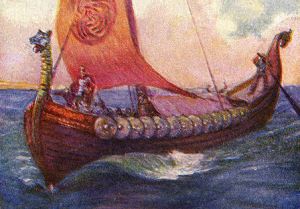 Image shows Beowulf and his men on board a longship.