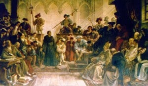 Image shows a painting of Luther at the Diet of Worms. 