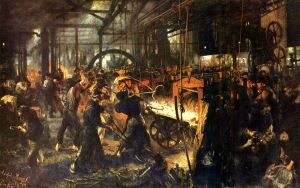 Image shows a painting of workers in a factory. 