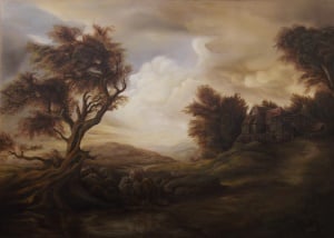 Image shows a painting of a house on the moors.