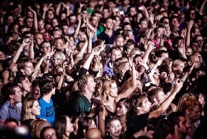 Image shows a crowd of people at a concert.