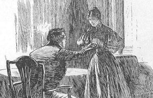 Image shows Jane Eyre returning to Mr Rochester after the fire.