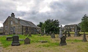Image shows a gloomy-looking churchyard, chapel and Sunday school.