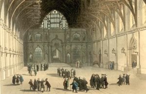 Image shows a sketch of the interior of Westminster Hall in the early 19th century.