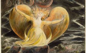 Image shows a painting of a woman dressed as the sun, by William Blake.