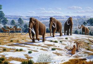 Image shows a painting of woolly mammoths.