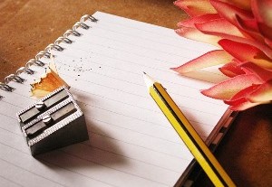 Image shows a pencil, pencil sharpener and a flower lying on a notebook.