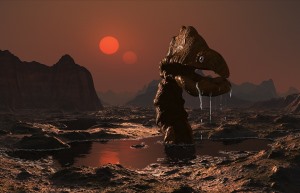 Image shows a science-fiction monster emerging from a lake on a red planet.