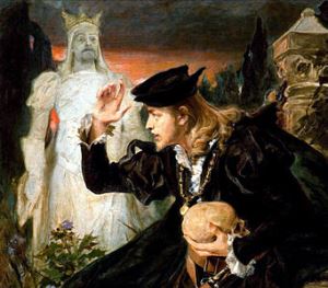 Image shows Hamlet clutching a skull, with his father's ghost in the background. 