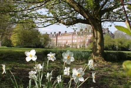 Image shows Lady Margaret Hall with daffodils in the foreground.