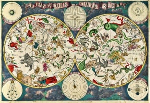 Image shows an old map, covered in pictures of monsters.