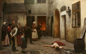 Image shows a painting of a group of people standing around the body of a murdered woman.
