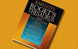 Image shows a thesaurus against a yellow background.