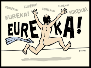 image shows a cartoon of Archimedes shouting Eureka!